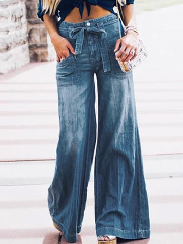 Airchics longue jeans larges jambes évasé boutons avec poches ceinture taille haute femme vintage